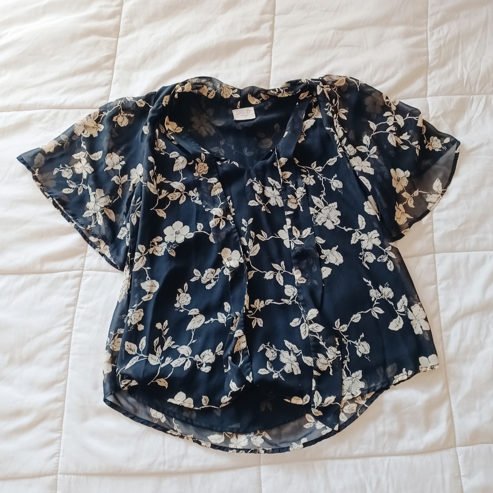 Sienna Sky Black Floral Short Sleeve Bow Blouse Cropped Boho Flowy - Medium - Picture 6 of 9